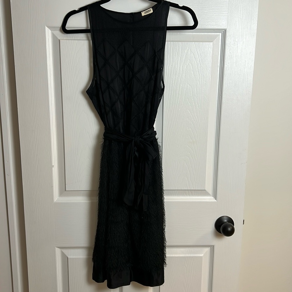 L’Agence Black Silk Dress with Fringe Skirt (Size 6)